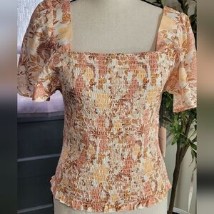 Japna Anthropologie Smocked Short Flutter Sleeve Floral Cropped Blouse Medium